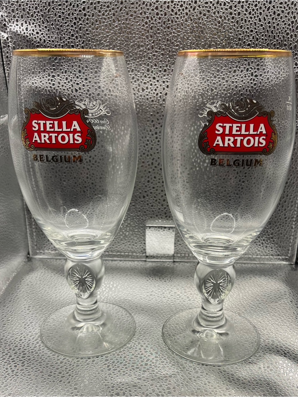Stella Artois Belgium Gold-Rimmed Red Logo Chalice Glass - Set of 2
